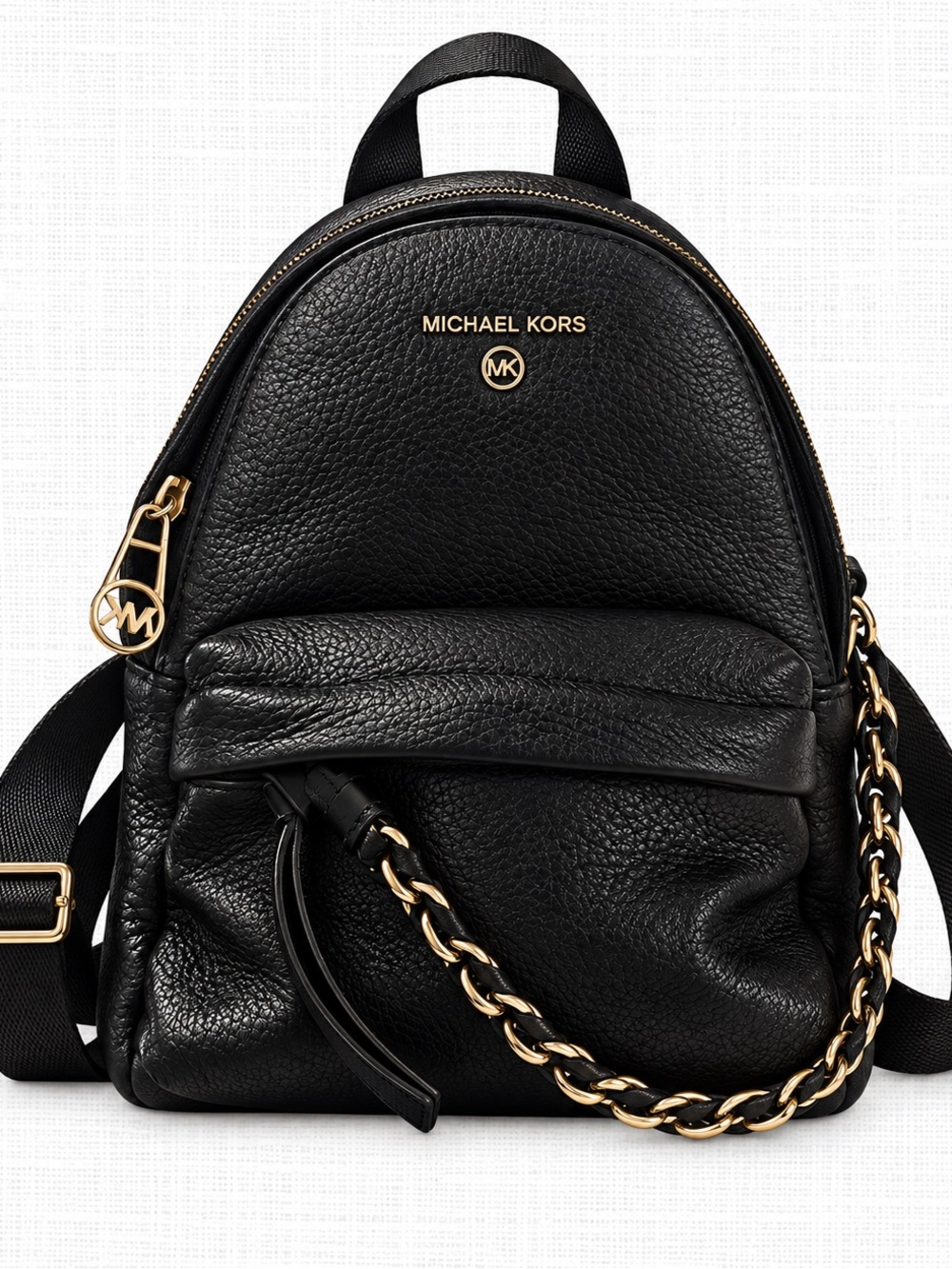 Michael Kors Black Pebbled Leather Mini Backpack with Gold Chain Trim